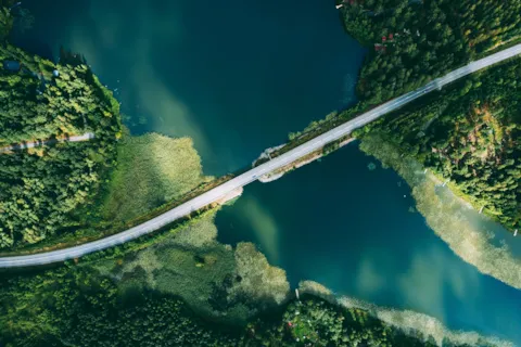 Aerial view bridge over two green islands
