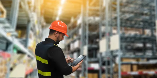 worker in hard hat in warehouse