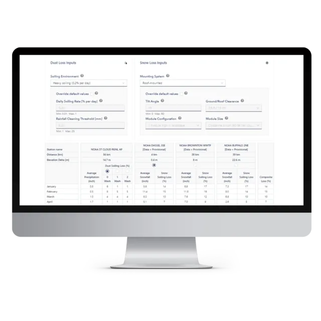 Visualization of snow and soiling loss data with simulations in Solar Resource Compass for sample North American solar projects