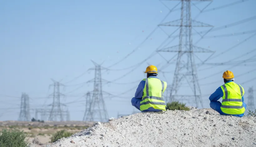 Two workers viewing power grids