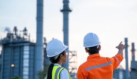 two engineers stand in front of plant facility